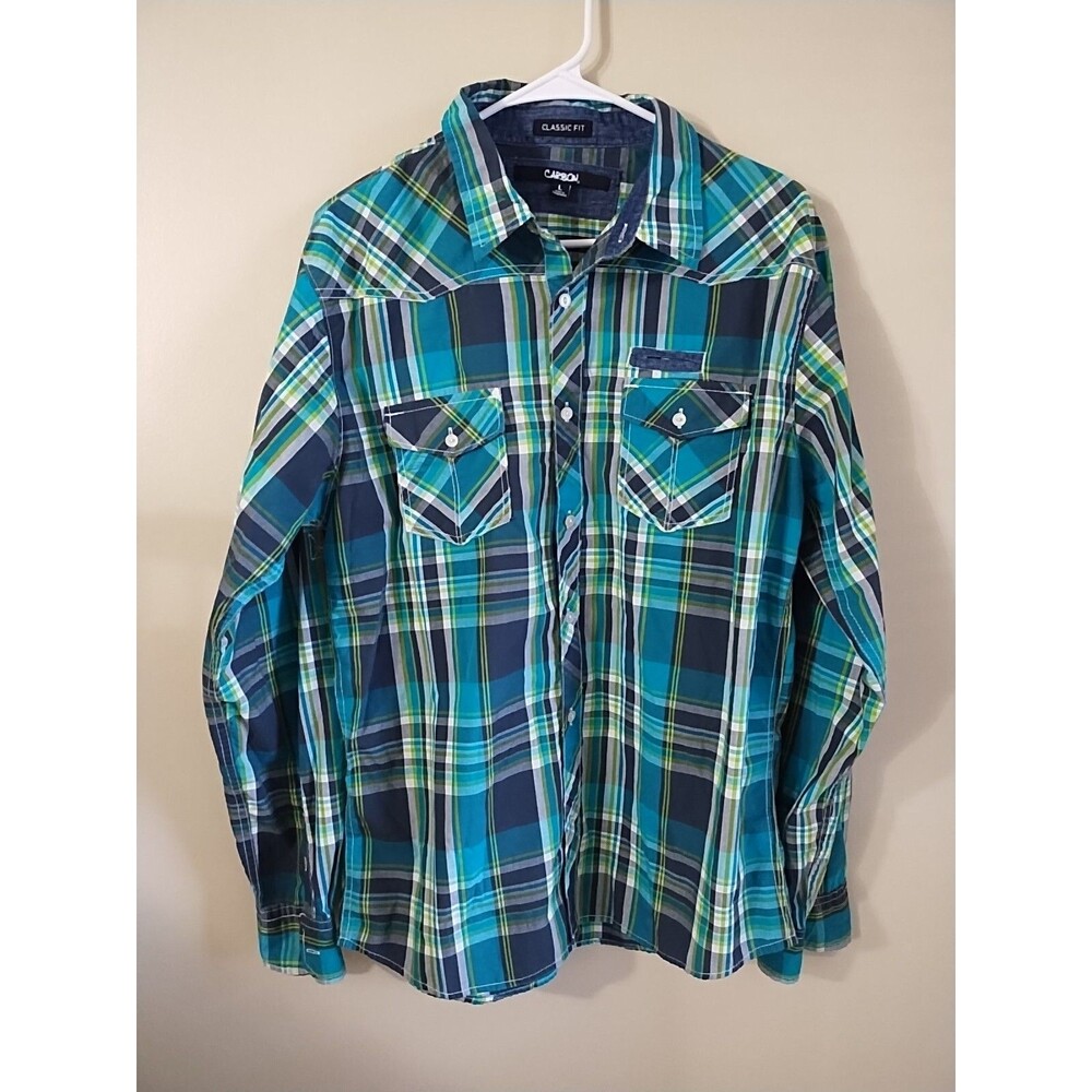 Carbon Mens Button Up Plaid Shirt Classic Fit Green Blue Size Large Long Sleeve - Picture 1 of 5